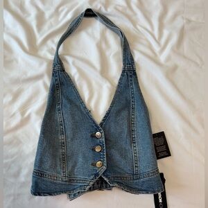 Fashion Nova Denim Halter Crop Top in Washed Blue